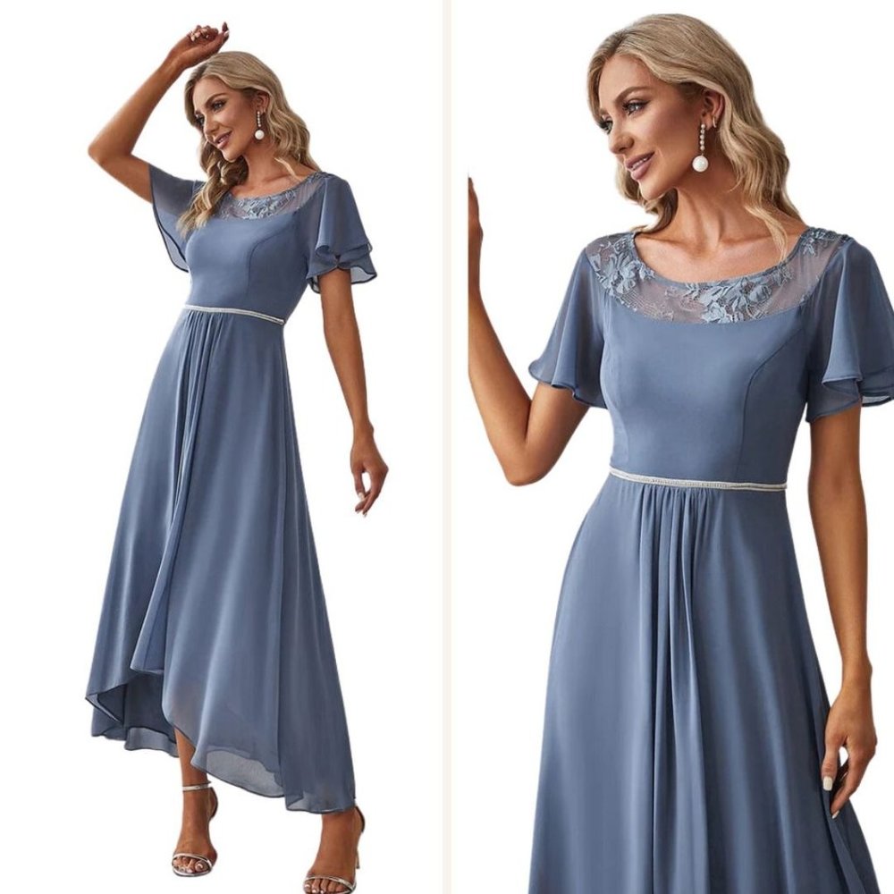 NWT Ever Pretty Hi Lo Chiffon Midi Dress sz L Illusion Lace Top Rhinestone Blue